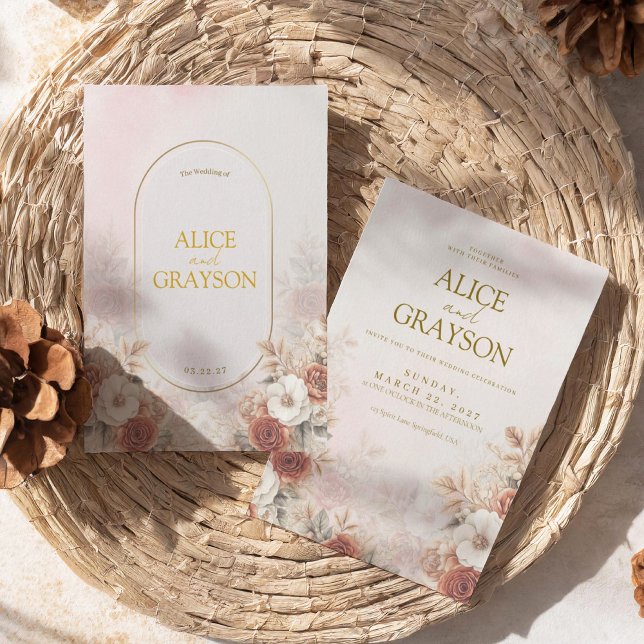 Invitation Elegant Boho Floral Cream Pink Modern Wedding (Créateur téléchargé)