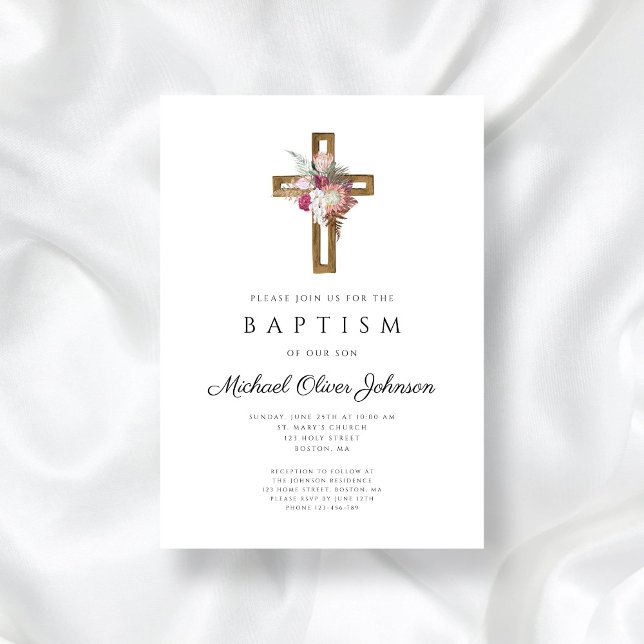 Invitation Élégant Boho Floral Cross Baptism (Elegant Floral Boho Cross Baptism Invitation)