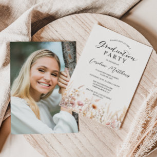 Invitation Élégant Boho Floral Photo Graduation