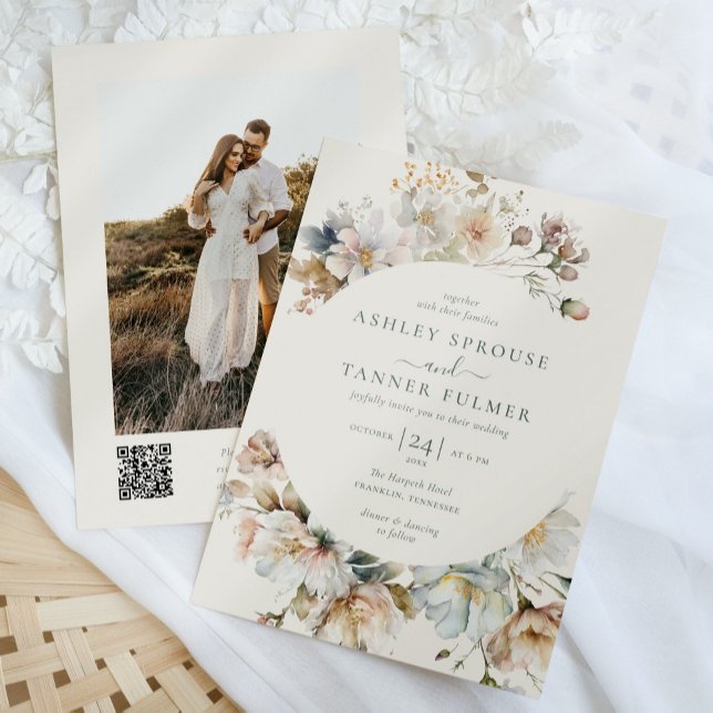 Invitation Elegant Boho Floral QR Code Mariage photo (Créateur téléchargé)