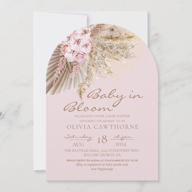 Invitation Elegant  Boho Flowers Baby Girl Shower  (Devant)