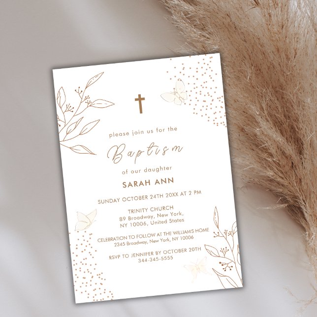 Invitation Élégant Boho Gold Feuilles papillon croix Baptême (Elegant Boho Gold Leave Butterfly Cross Baptism Invitation)