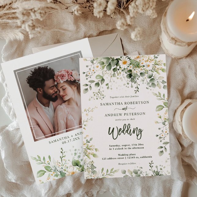 Invitation Elegant Boho Greenery Fleur sauvage Photo Mariage (Elegant Boho Greenery Wildflower Photo Wedding Invitation)