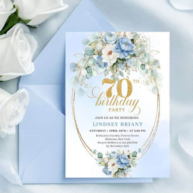Invitation Elegant Boho Light Blue Flowers Gold 70th Birthday (Elegant Boho Light Blue Flowers 70th Birthday Invite)