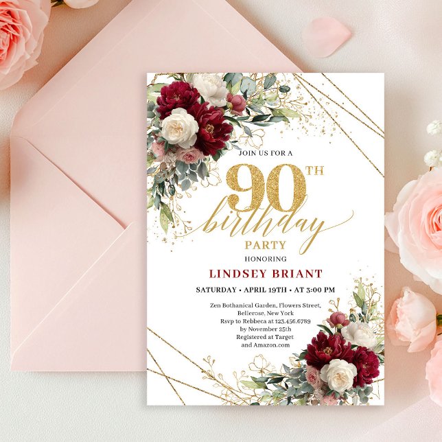 Invitation Elégant Boho Marron Roses Blanches Or 90e Annivers (Elegant Maroon White Roses Gold 90th Birthday Invite)