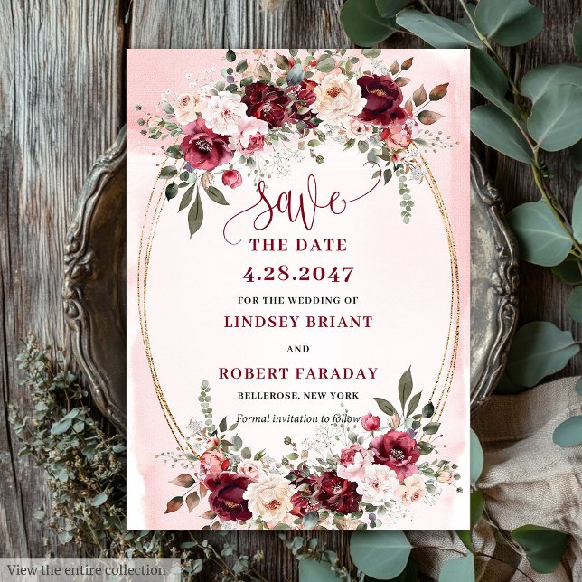 Invitation Élégant Boho Marsala Blush Or Floral Save Date (Elegant Boho Marsala Blush Gold Floral Save the Date

)