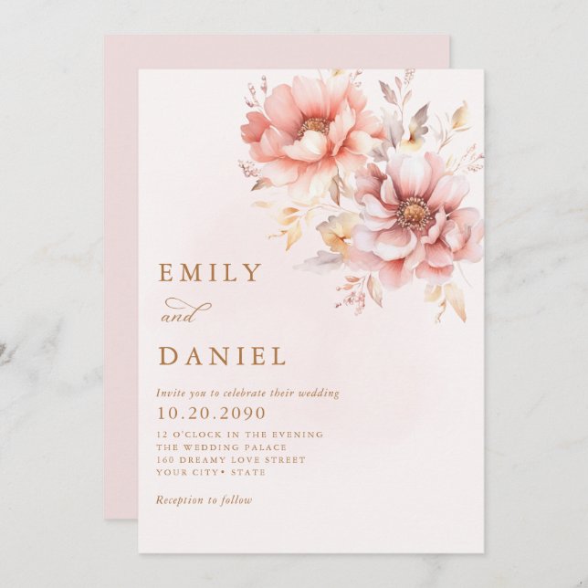 Invitation Élégant Boho moderne Blush rose or Mariage Floral (Devant / Derrière)