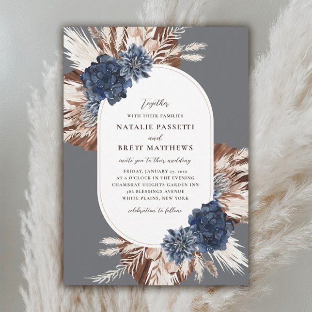 Invitation Elegant Boho Navy et Brown Florals Oval Mariage (Créateur téléchargé)