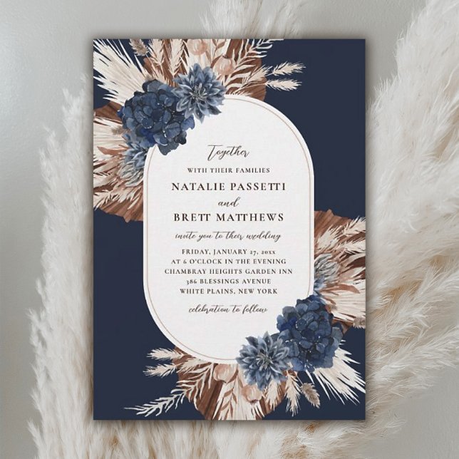 Invitation Elegant Boho Navy et Brown Florals Oval Mariage (Créateur téléchargé)