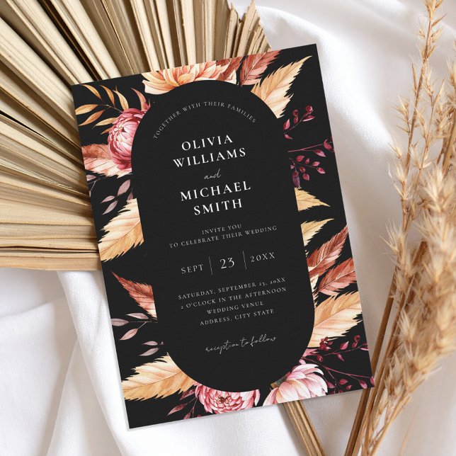 Invitation Élégant Boho noir Chic Floral Mariage (Créateur téléchargé)