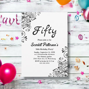Invitation Élégant Boho noir et blanc Floral 50e anniversaire