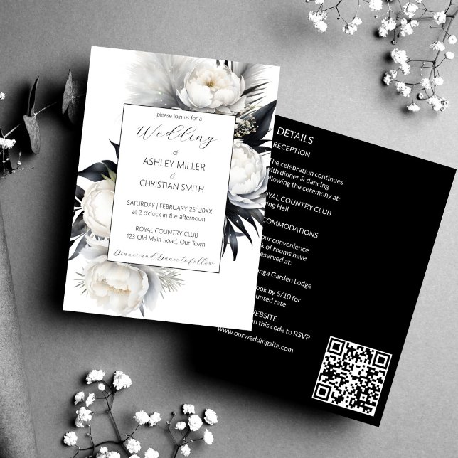 Invitation Élégant Boho noir et blanc tout en un mariage (Elegant Black and white boho flower all in one wedding editable template Invitation digital download)