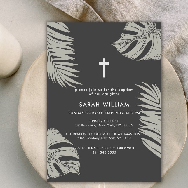 Invitation Élégant Boho Noir Feuilles Croix Baptême (Elegant Black Boho Leave Gold Cross Baptism Invitation)