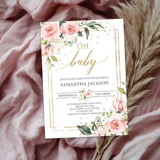 Invitation Élégant boho oh baby shower fleuri rose luxuriant (Elegant lush pink floral gold boho oh baby shower invitation)