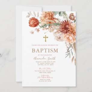 Invitation Élégant Boho Orange Floral Baptême Christening