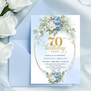 Invitation Élégant Boho Pivoines Bleu Poussiéreux 70e Anniver