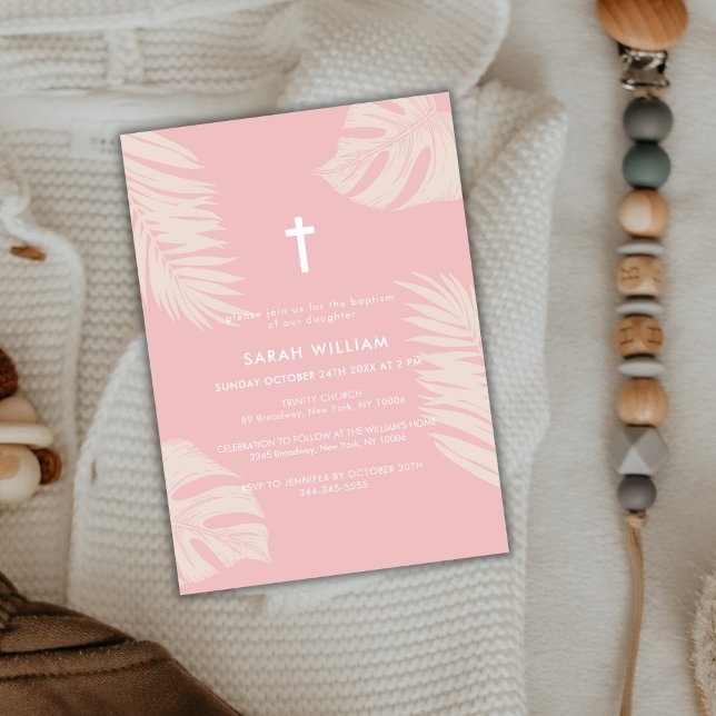 Invitation Élégant Boho rose Dusty Feuilles Cross Baptême (Elegant Dusty Pink Boho Leave Gold Cross Baptism Invitation)