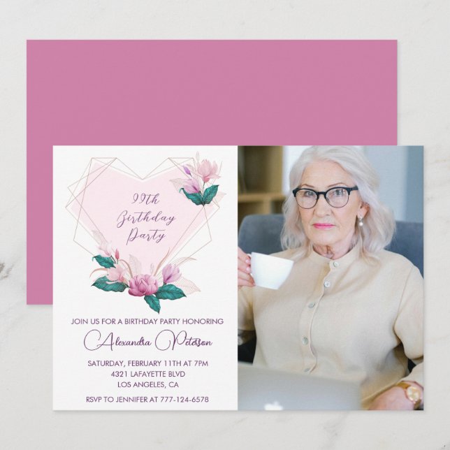 Invitation Élégant Boho Rose Floral Photo 99e anniversaire (Devant / Derrière)