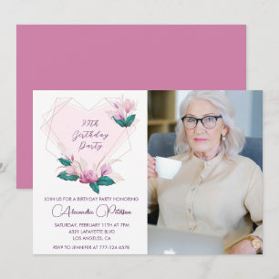 Invitation Élégant Boho Rose Floral Photo 99e anniversaire