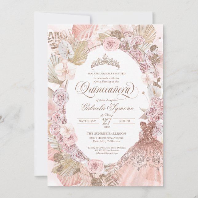Invitation Elégant Boho rose séché Floral Roses Quinceanera (Devant)