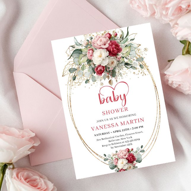Invitation Elegant Boho Ruby Blush Gold Floral Baby Shower  (Elegant Boho Ruby Blush Gold Floral Baby Shower Invitation)