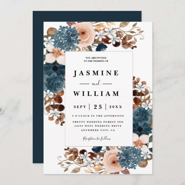 Invitation Elégant Boho Rustique Floral Navy Mariage bleu (Devant / Derrière)
