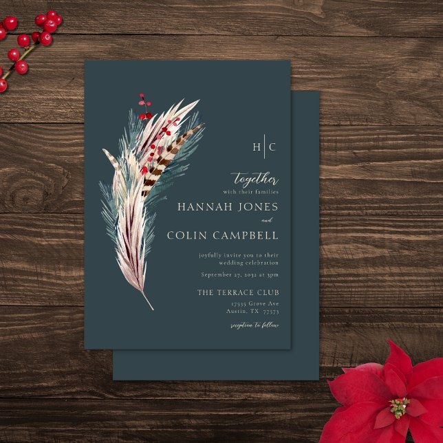 Invitation Elégant Boho Rustique Pampas & Pine Vert Tan Rouge (Créateur téléchargé)