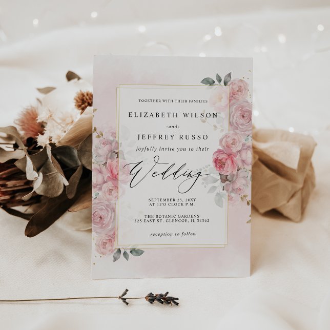 Invitation Elégant Boho Spring Blush or Floral Mariage (Elegant Boho Spring Blush Gold Floral Wedding Invitation)