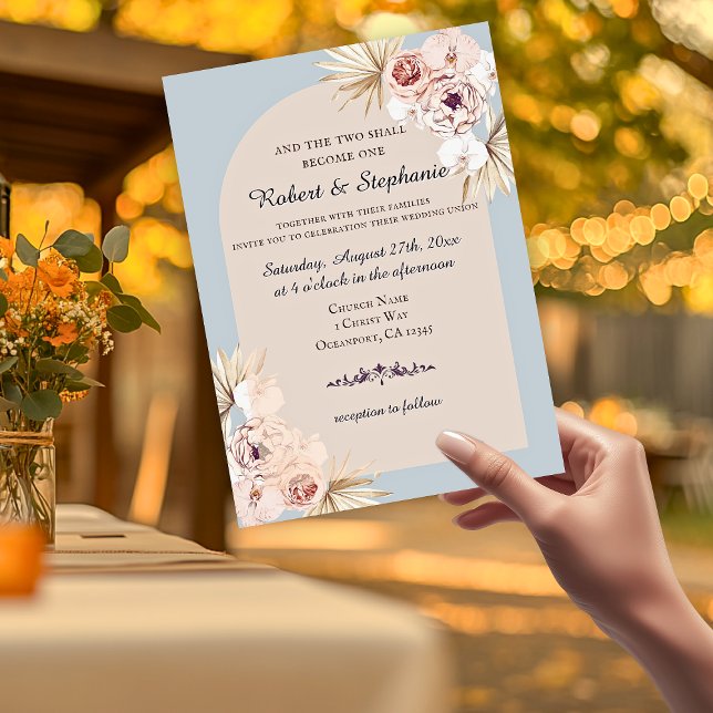 Invitation Elégant Boho Spring Peony Mariage chrétien (Two become one pink floral arched wedding invitations )