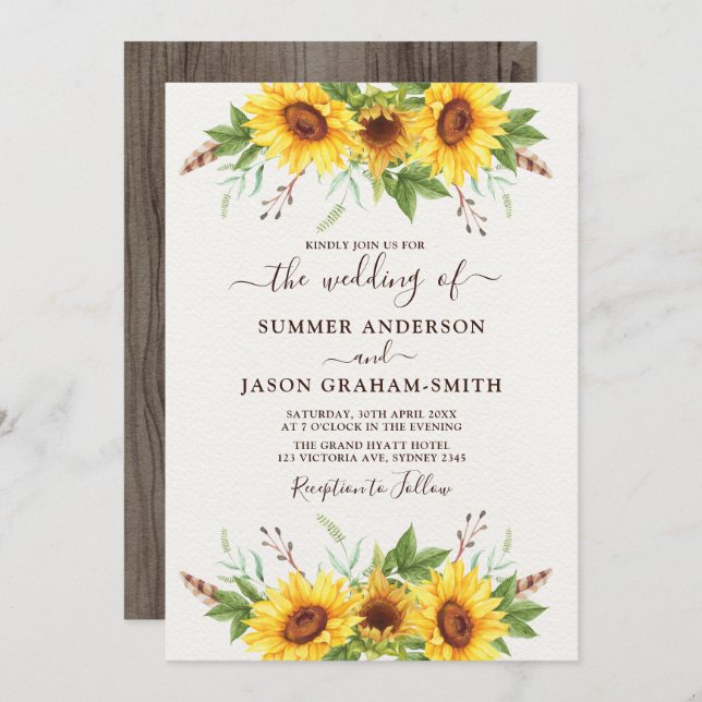 Invitation Elégant Boho Sunflowers Mariage d'aquarelle d'été (Devant / Derrière)