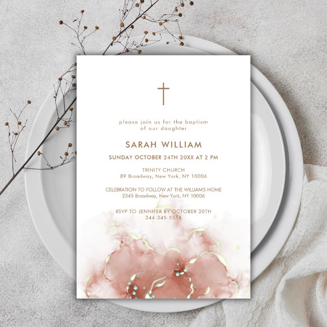 Invitation Élégant Boho Terracotta Agate Gold Cross Baptême (Elegant Boho Terracotta Agate Gold Cross Baptism Invitation)