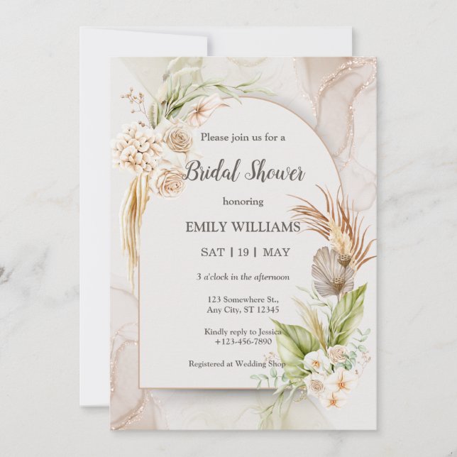 Invitation Elegant Boho Tropical Pampas Grass Bridal Shower (Devant)