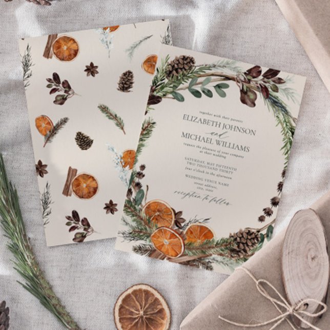 Invitation Elégant Boho Verdure Citrus Mariage d'hiver (Easily personalize this formal bohemian citrus invitation for the perfect fall or winter wedding)