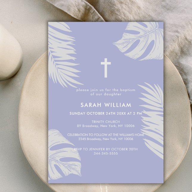 Invitation Élégant Boho violet Feuilles Cross Baptême (Elegant Purple Boho Leave Gold Cross Baptism Invitation)