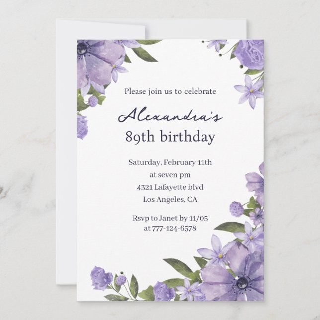 Invitation Elégant Boho violet Floral 89e anniversaire (Devant)