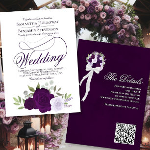Invitation Élégant Boho violet Roses Floral QR Code Mariage