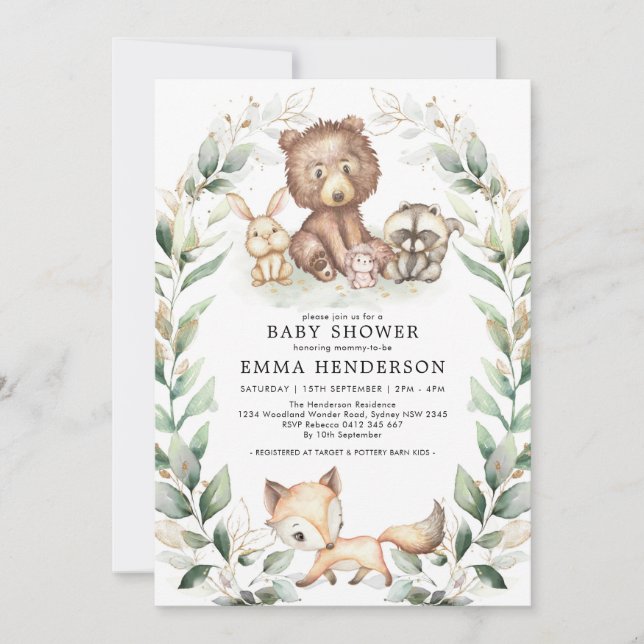 Invitation Elégant Bois Animaux Baby shower Verdure Or (Devant)