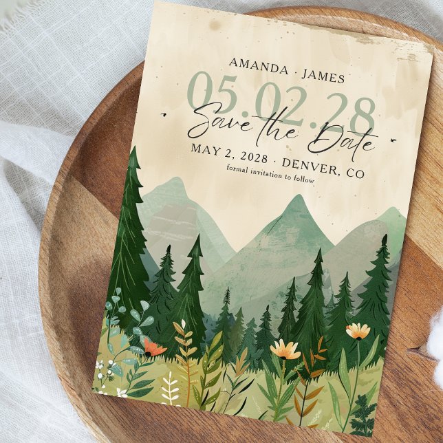Invitation Elégant bois et montagne Enregistrer la date (Elegant woodland-themed wedding save the date card featuring pine trees and mountains )