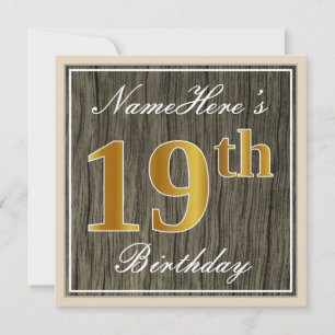Invitation Élégant, Bois Faux, Or Faux 19e Anniversaire + Nom