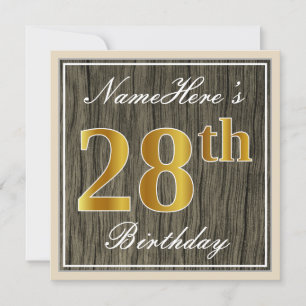 Invitation Élégant, Bois Faux, Or Faux 28e Anniversaire + Nom