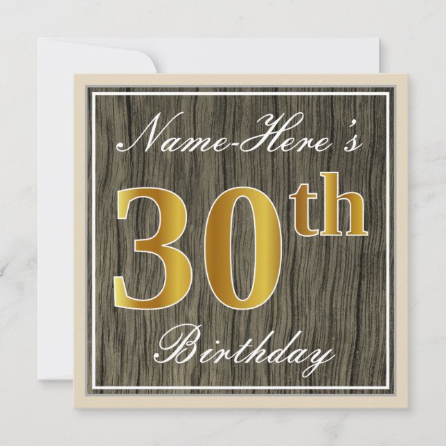 Invitation Élégant, Bois Faux, Or Faux 30e Anniversaire + Nom (Devant)