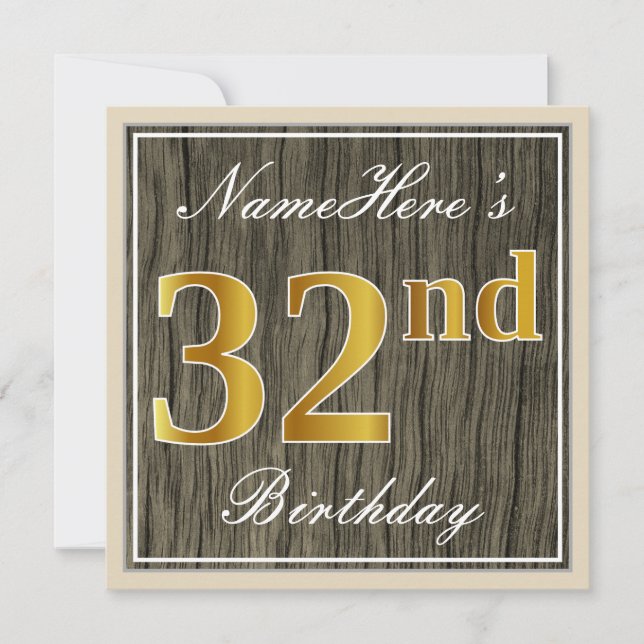 Invitation Élégant, Bois Faux, Or Faux 32e Anniversaire + Nom (Devant)