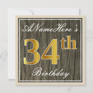 Invitation Élégant, Bois Faux, Or Faux 34e Anniversaire + Nom