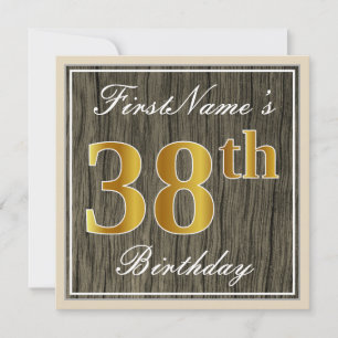 Invitation Élégant, Bois Faux, Or Faux 38e Anniversaire + Nom