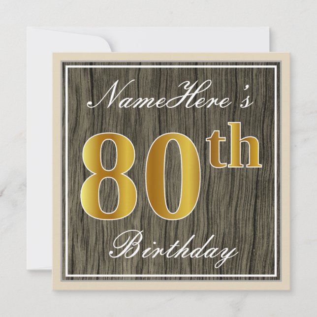 Invitation Élégant, Bois Faux, Or Faux 80e Anniversaire + Nom (Devant)