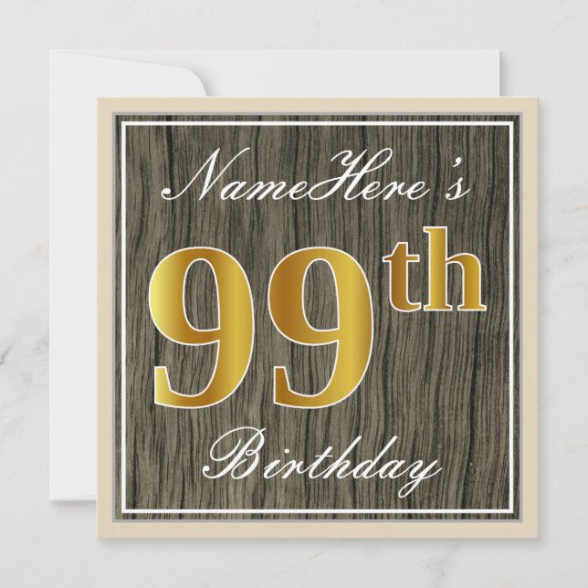 Invitation Élégant, Bois Faux, Or Faux 99e Anniversaire + Nom (Devant)
