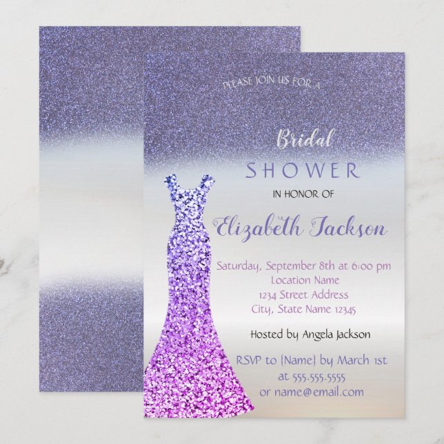 Invitation Elegant Bokeh à paillettes violettes , robe de dou (Devant / Derrière)