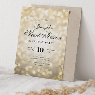 Invitation Élégant Bokeh éclaire Formal Script Sweet 16 Or