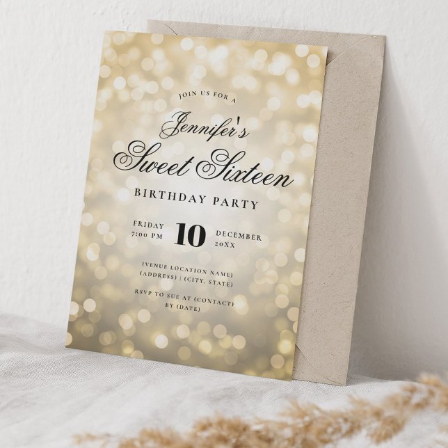 Invitation Élégant Bokeh éclaire Formal Script Sweet 16 Or (Elegant Bokeh Lights Formal Script Sweet 16 Gold Invitation)