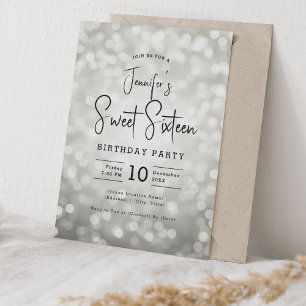 Invitation Élégant Bokeh Lights Script moderne Sweet 16 Argen